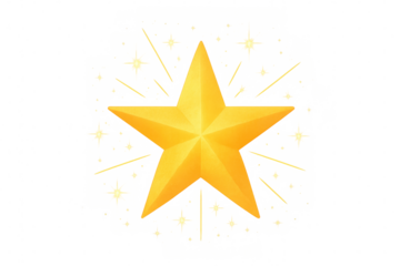 Shining golden star symbol of achievement, success, and excellence, featuring glowing sparks and a transparent background