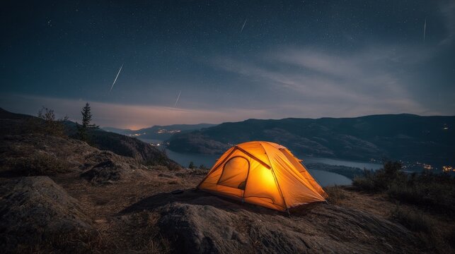 A glowing tent sits atop a rocky hill, under a dark starry sky with streaks of light, overlooking a calm lake and distant city lights
