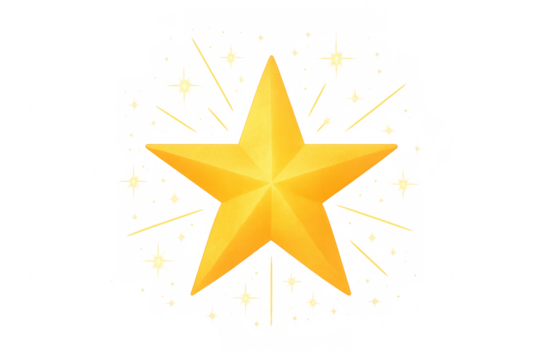 Shining golden star symbol of achievement, success, and excellence, featuring glowing sparks and a transparent background