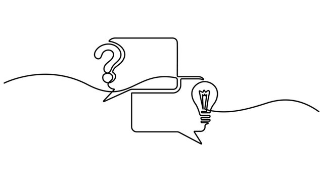 Hand drawn one line vector. Quick tips. Continuous one line drawing of question mark, light bulb and speech bubbles. Vector illustration isolated on white. Editable outline