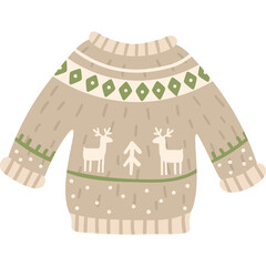 Cozy Beige Knitted Sweater With Christmas Deer And Tree Pattern And Green Geometric Details On...
