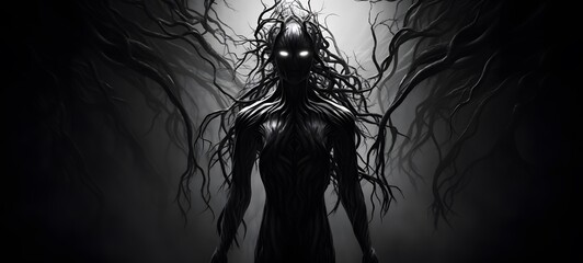 art of banyan monster a black and white high contrast full body,generative AI