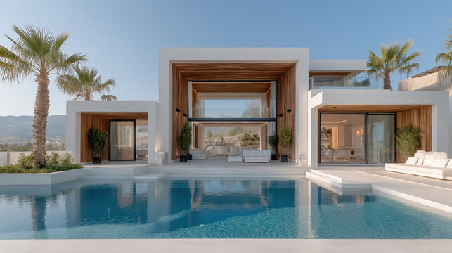 Modern Mediterranean Villa Serene Luxury Home with Pool and Palm Trees