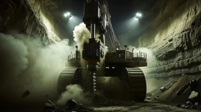 tunnel boring machine giant drill excavates rock in underground mine