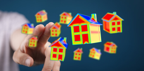 Digital abstract concept of homes being touched by hand. Futuristic visualization of real estate property and innovation. Digital home concept.