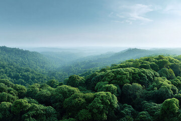 Lush green forest covers rolling hills under a soft, hazy sky. Evokes peace, nature, and escape. Great for travel, environmental, or aspirational themes.