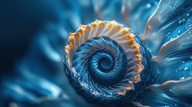 A close-up macro photograph showcases a vibrant blue and orange nautilus shell, intricately spiraled and adorned with delicate, shimmering textures, set against a dark, moody background.