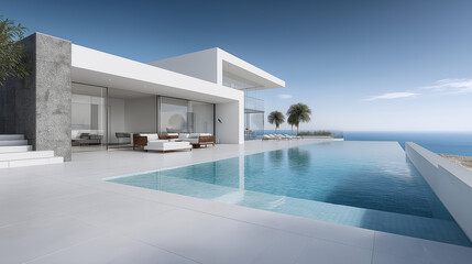 Fototapeta premium Luxury modern villa with infinity pool overlooking the ocean, featuring sleek architecture and comfortable outdoor seating area, perfect for relaxation and entertainment