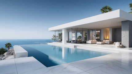 Fototapeta premium Luxurious modern villa with infinity pool overlooking the ocean, offering breathtaking sea views and serene coastal living