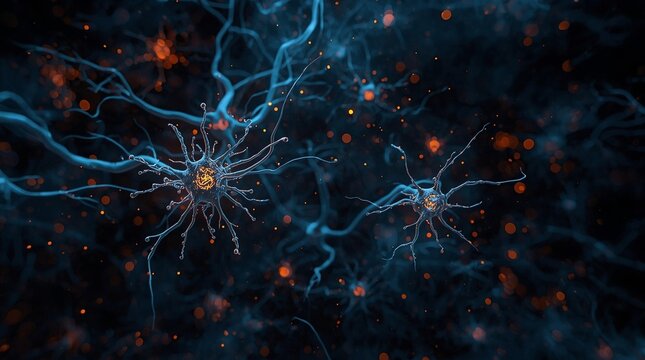 3D neuron network background with glowing synapses and neural connections, science backdrop visualizing brain activity, data transmission and biological intelligence concept in blue and orange light