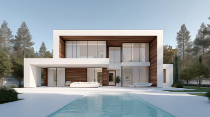 Fototapeta premium Front view of a luxurious modern white villa with a swimming pool, minimalist design, and large windows set against a forest backdrop
