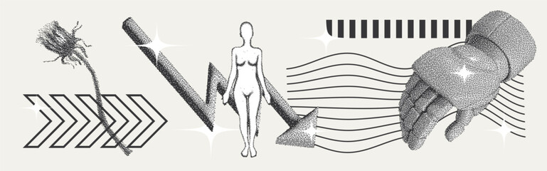 Universal Trendy Geometric Shapes Set With Vector Bitmap Dithering Texture.