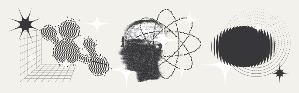 Universal Trendy Geometric Shapes Set With Vector Bitmap Dithering Texture.