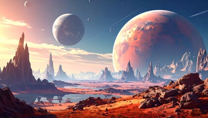 An alien vista showcases a celestial landscape. Giant orange orb with planetary rings, rocky terrain, and distant mountains with multiple other moons