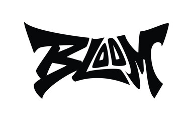 Bold hand-lettered word “Bloom” in modern brush style. Dynamic script typography for logo, apparel, poster, or branding design. Clean black lettering on white. EPS vector file
