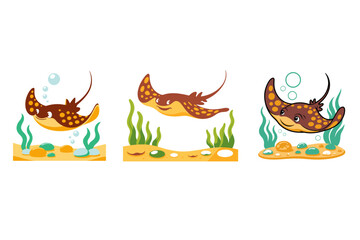 Fototapeta premium Adorable Cartoon Stingrays in Their Aquatic Habitat A Delightful Underwater Scene with Bubbles and Plants for Design and Fun