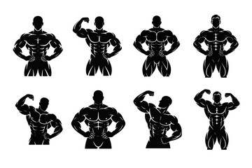 Set of isolated black vector silhouettes of muscular bodybuilders in various classic flexing poses, ideal for gym logos and fitness emblems