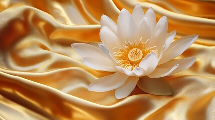 a stunning white lotus flower blooming on golden silk fabric, delicate petals, dreamy ethereal lighting, intricate details, highly detailed, 8k resolution, hyperrealistic, cinematic, digital art
