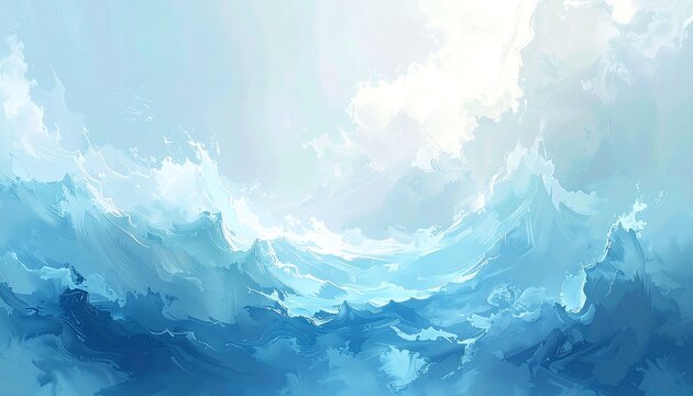 Abstract wave art; light blue swirls suggest tumultuous water & sky merge at horizon