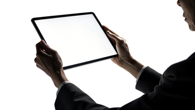 A hand holds a modern digital tablet with a bright blank screen, isolated on a simple clear background, ready for custom content.