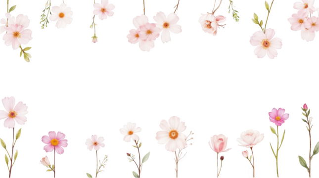 Beautiful pink watercolor flower floral arrangement. This delicate blossom painting border feels gentle and romantic