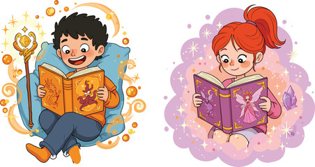 Fantasy reading, magical children, sparkles, fairy tale books, imagination, storytelling, boy and girl, whimsical illustration, colorful, enchanted, crystal, stars