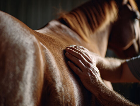 Gentle hands soothing a chestnut horse. Illustrates care, trust, connection  animal wellness. Perfect for veterinary, equestrian or pet health content.