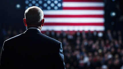 A silhouetted figure stands on stage, facing an American flag, addressing a large crowd.