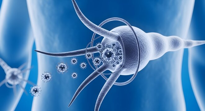 Coronavirus Infection: Medical Illustration of a Virus Attacking Human Nerve Cell
