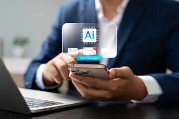 AI message notification concept with new email alert on smartphone. Businessman using AI to write, send, and read emails for smart communication, instant updates, and digital connectivity.
