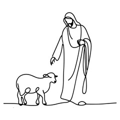 Christian Sheep with Jesus Illustration, Religious Faith Art, Shepherd and Flock Drawing
