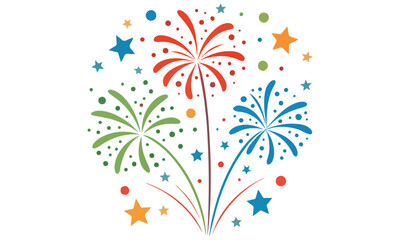 Colorful fireworks and starburst illustration in red, blue, and green, symbolizing celebration, joy, and festivity. Perfect for holiday greetings, party invitations, New Year designs .