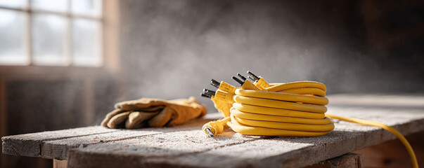 Dusty workshop scene featuring a coiled yellow extension cord and work gloves on a weathered wooden surface. Evokes themes of hard work, electricity, and construction.