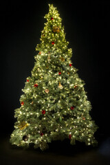 Beautifully decorated Christmas tree glowing with warm lights and ornaments against a dark background, symbolizing festive holiday spirit and winter celebration.