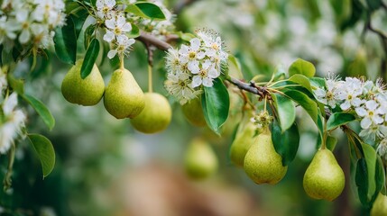 Close-up of pear tree branch with ripening green fruit and delicate white blossoms, vibrant foliage blurring