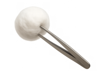 Tweezers holding cotton ball for hygiene procedures