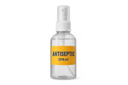 Antiseptic spray bottle for hygiene and disinfection on transparent
