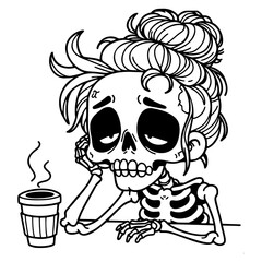 Exhausted Skeleton Drinking Coffee Illustration, Funny Skeleton Art, Caffeine Humor Design