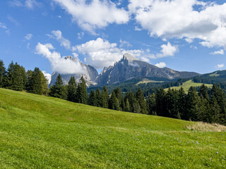 Alpe di Siusi Dolomites mountains Italy. Drone footage of mountain peaks of Plattkofel Sassopiatto. Wooden cabins on Alpe Siusi fields. Beautiful hut on Alpe di Siusi alpine plateau Seiser Alm.
