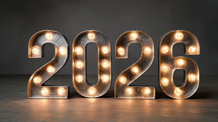 Illuminated marquee-style ‘2026’ numbers with glowing bulbs on dark wooden surface against moody gray background