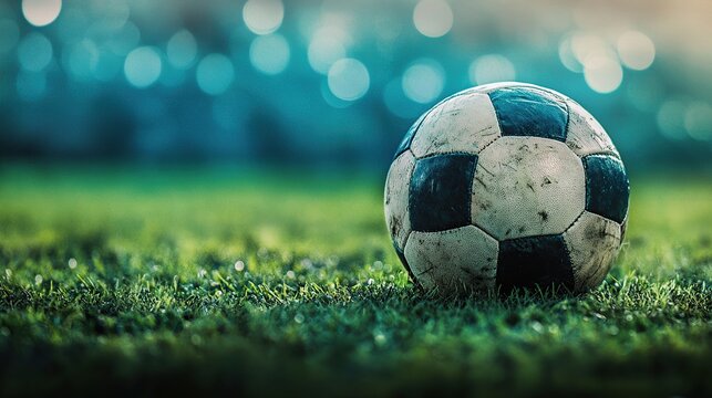 A weathered soccer ball rests on a lush green field, illuminated by the bright lights of a stadium in the background. - Powered by Adobe