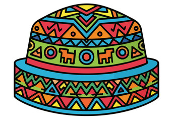 Bold graphic illustration of a colorful sombrero, ?Hat Rider Pride? design. Vibrant Aztec patterns on a yellow background. Perfect for branding, celebrations, and diverse themes.