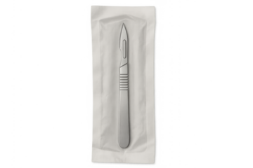 Sterile disposable scalpel blade in medical packaging