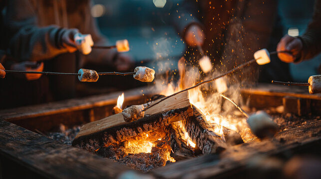 People roasting marshmallows on sticks over a crackling campfire in the evening light outdoors