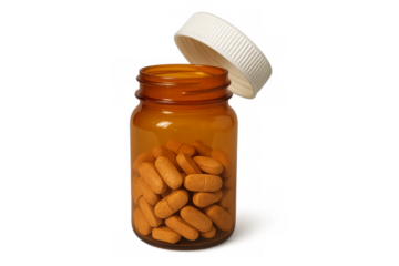 Medicine bottle opening filled with orange pills on transparent background