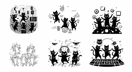 Black and White Vector Cats Dancing on Circuits, Tech-Inspired Feline Celebration Graphics