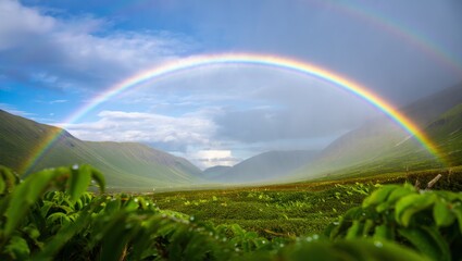 Naklejka premium Vibrant Double Rainbow Arching Over Lush Green Valley and Mountains After Rain, Scenic Nature Landscape