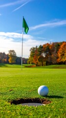 Obraz premium Golf Ball on the Green in Autumn Sunlight Near Hole with Vibrant Fall Foliage Under a Bright Blue Sky.
