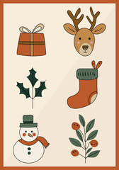 Set of cute traditional Christmas elements, gift, snowman, Christmas stocking, reindeer, holly berry in natural earthy color palette, vector illustration
