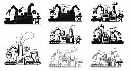 Obraz premium Industrial Food Production Process Icons Automation Manufacturing Assembly Line Robots